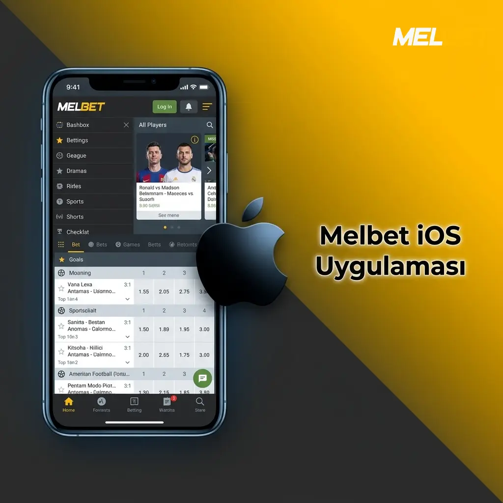 Melbet iOS uygulaması iPhone ve iPad için ücretsiz indirme ekranı, spor bahisleri ve canlı casino özellikleri