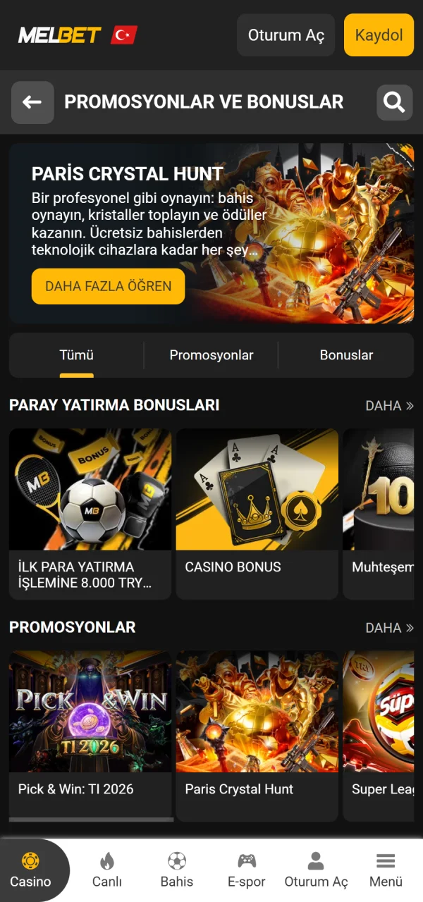 Aktif promosyon kartlarını kontrol etmek üzere Melbet Android arayüzünü açın.