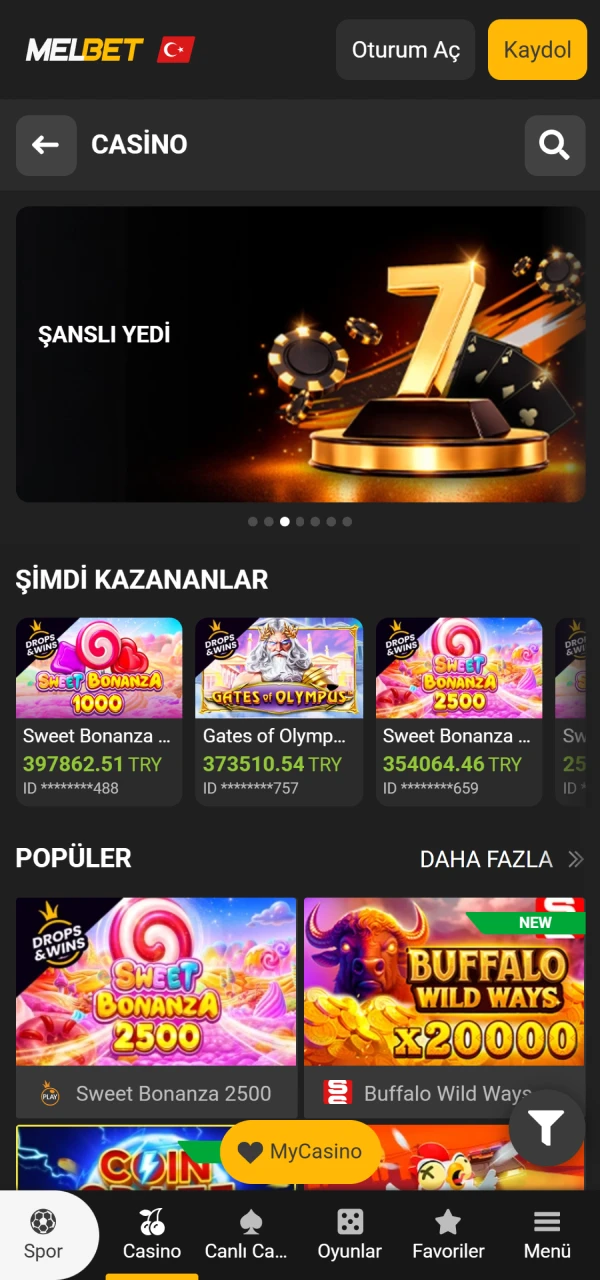 Renkli oyun galerisini açmak için Melbet Android arayüz lobisini görüntüleyin.