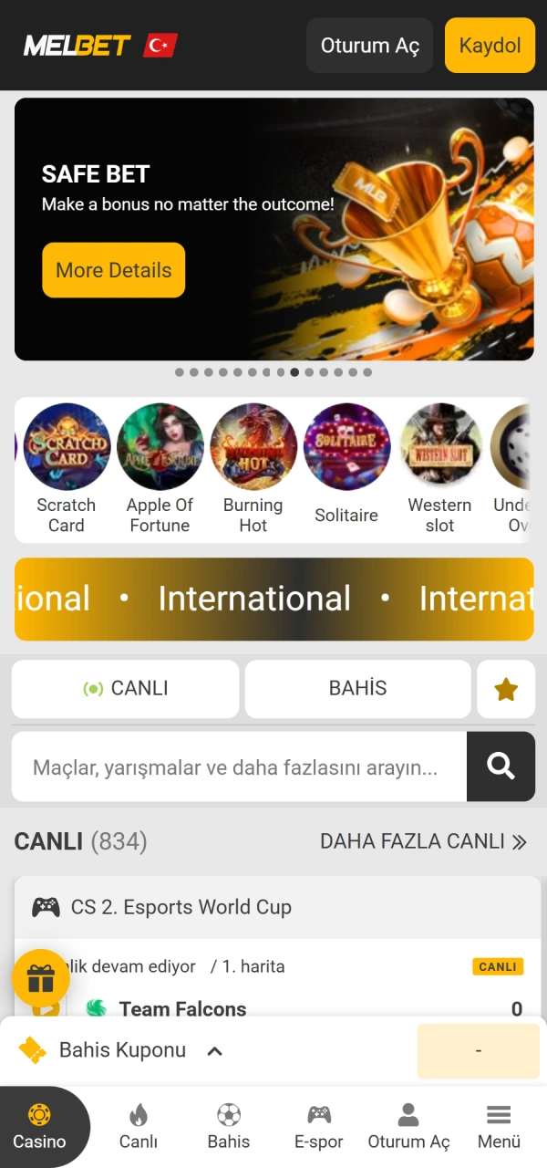 Ana gezinti panelini görüntülemek üzere Melbet Android arayüz ekranını açın.