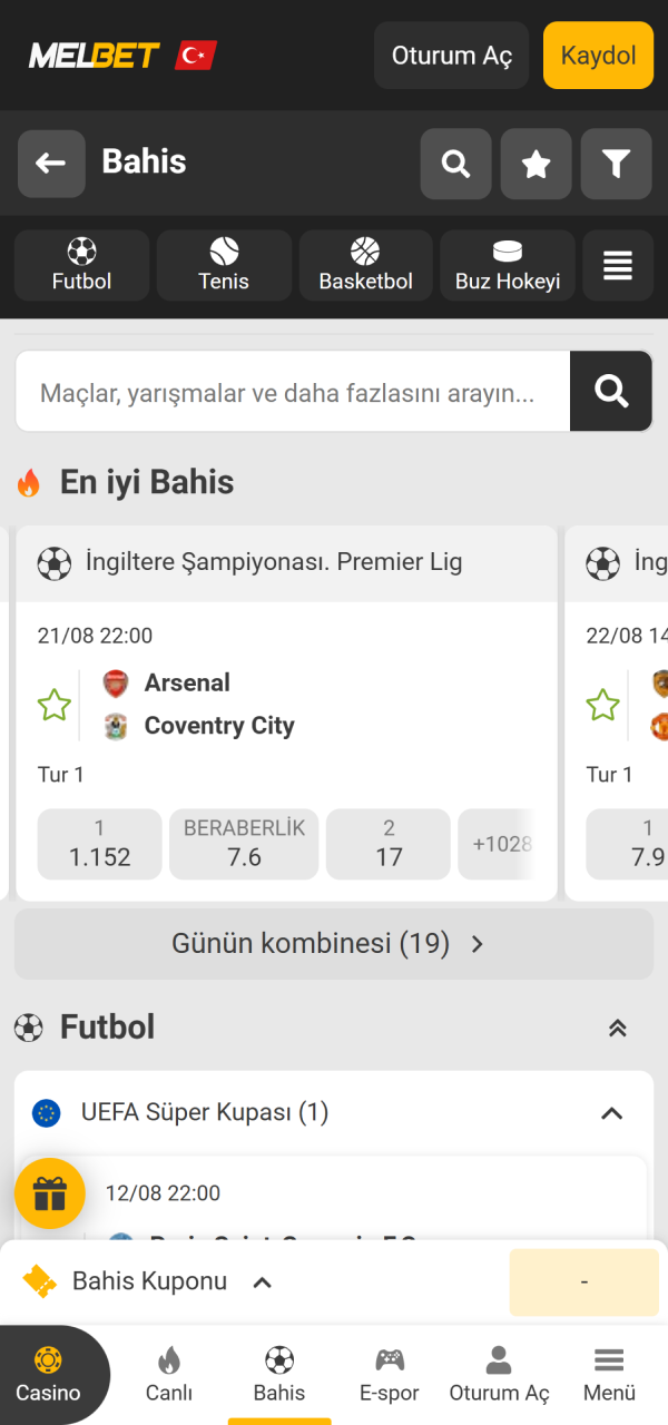 Geniş maç bültenini görüntülemek üzere Melbet Android arayüz ekranına tıklayın.