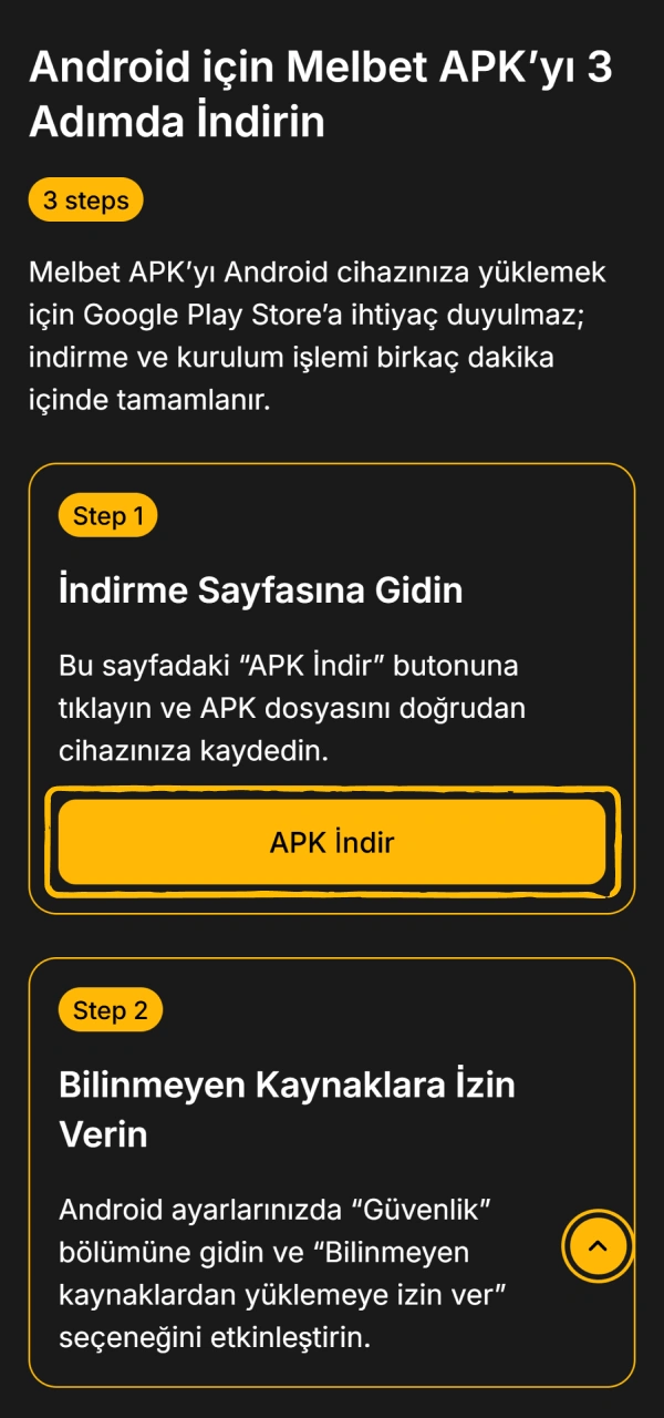 Yükleme dosyasını bulmak için resmi Melbet Android APK sayfasını açın.