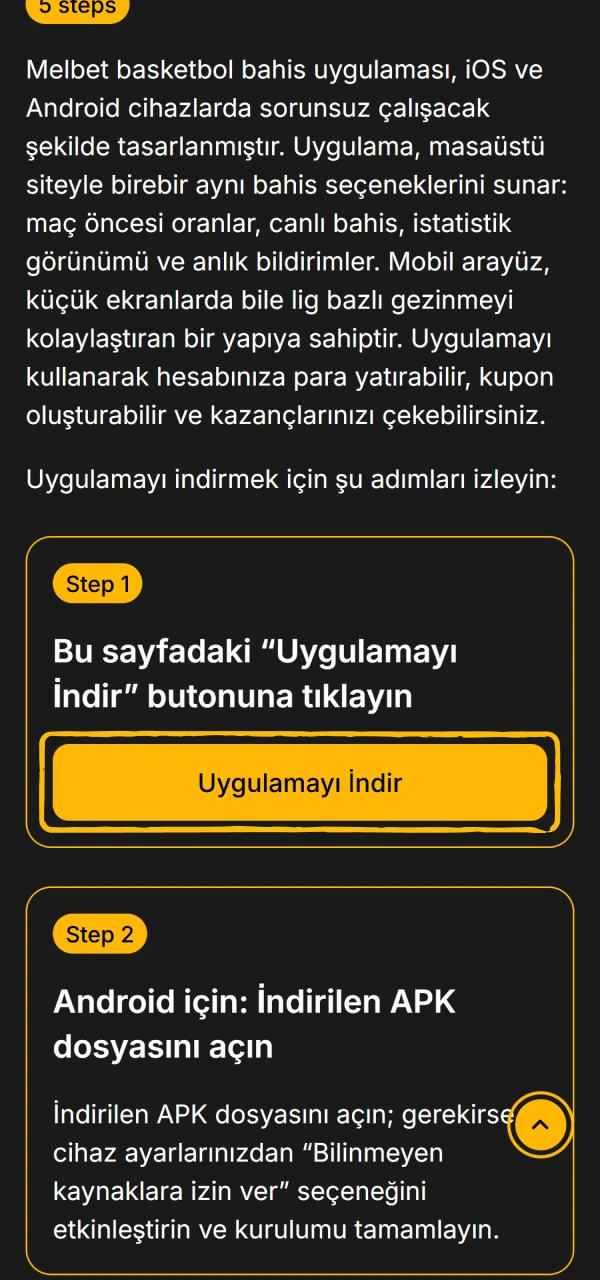 Yükleme dosyasını indirmek için Melbet Basketbol uygulaması butonuna basın.
