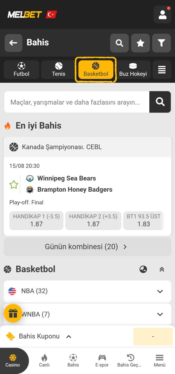 Maç bültenini açıp kupon doldurun Melbet Basketbol uygulaması ekranı üzerinde.
