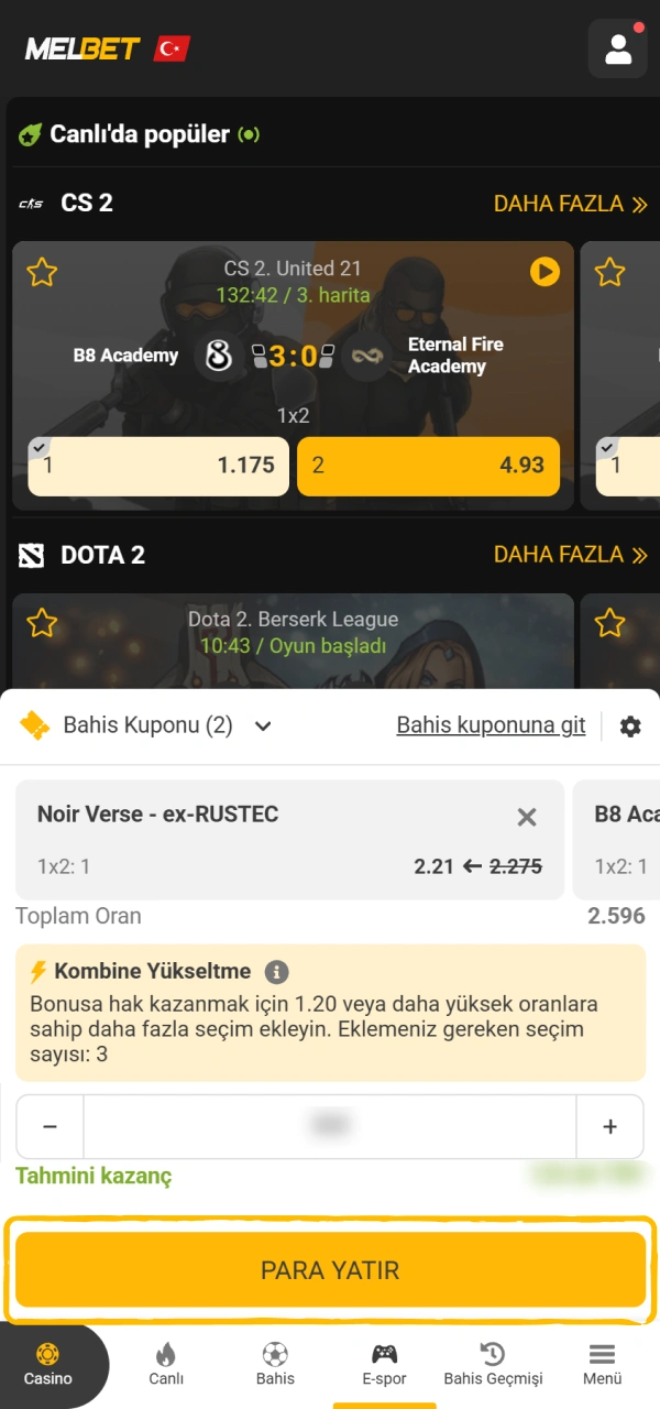 Maç tercihlerinizi belirleyin ve Melbet e-spor bahisi kuponunuzu onaylayın.