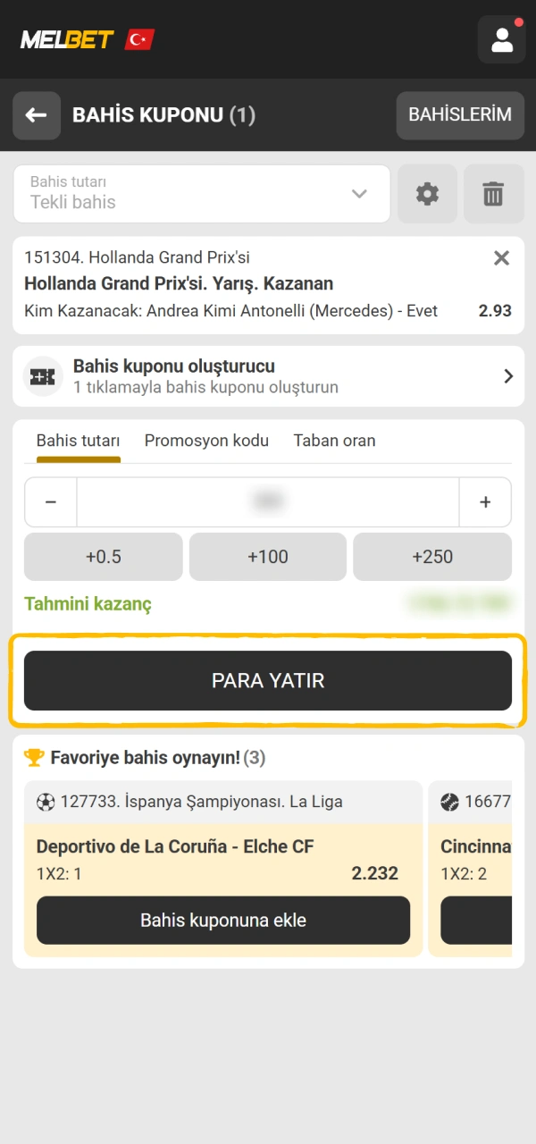 Bahis miktarınızı girip Melbet F1 bahisi işleminizi kolayca onaylayın.