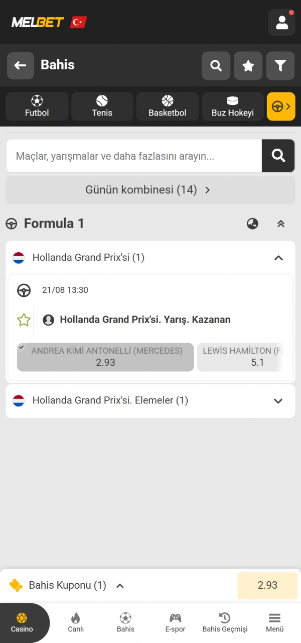 Cazip oranlara sahip Melbet F1 bahisi seçeneklerini kuponunuza ekleyin.