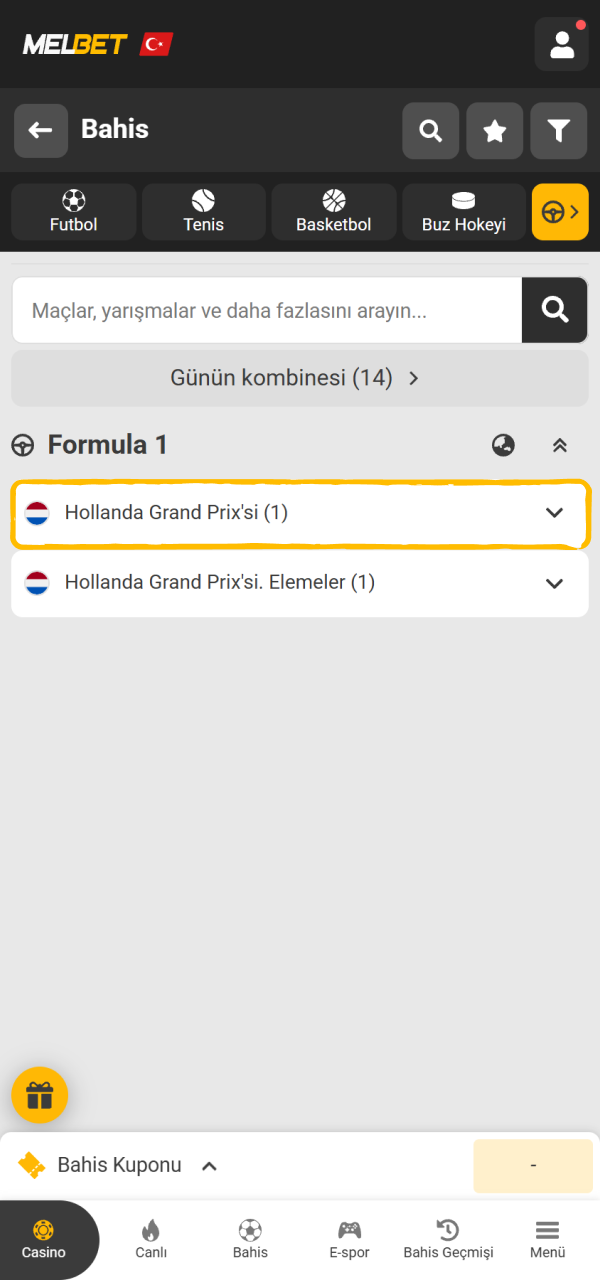 İstediğiniz Grand Prix yarışını seçerek Melbet F1 bahisi kuponunuzu hazırlayın.
