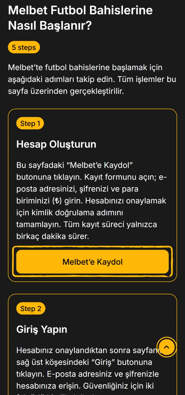 Yeni üyelik profilinizi hemen açın Melbet Futbol bahislerine başlamak için.