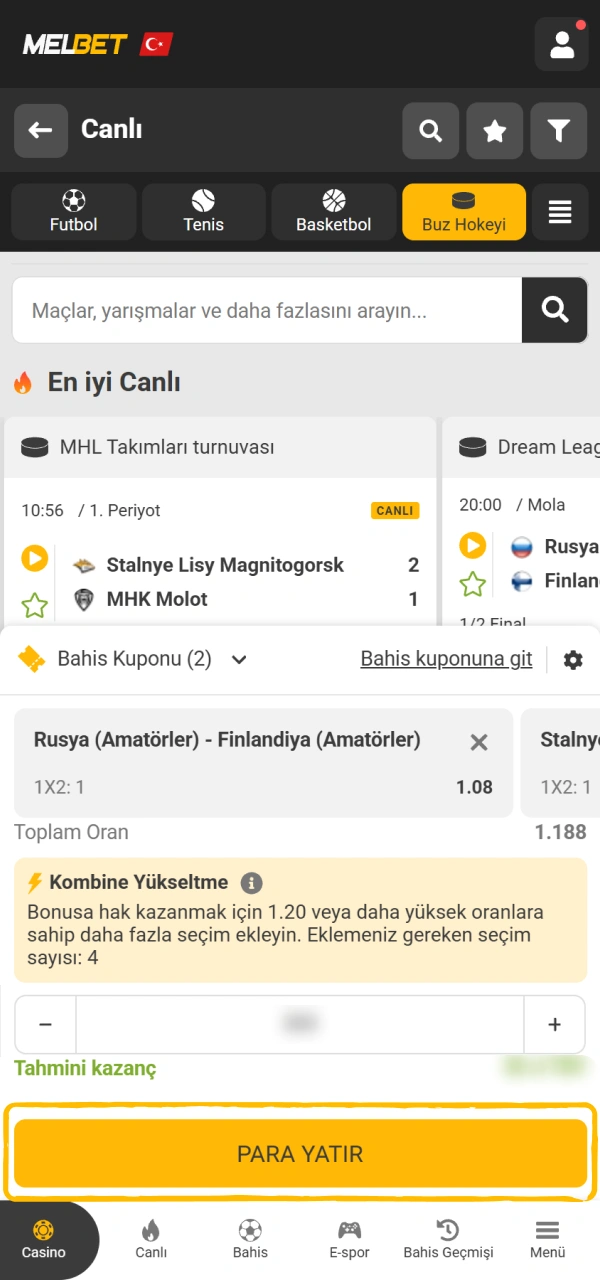 Seçimlerinizi gözden geçirin ve Melbet buz hokeyi bahisi kuponunuzu onaylayın.