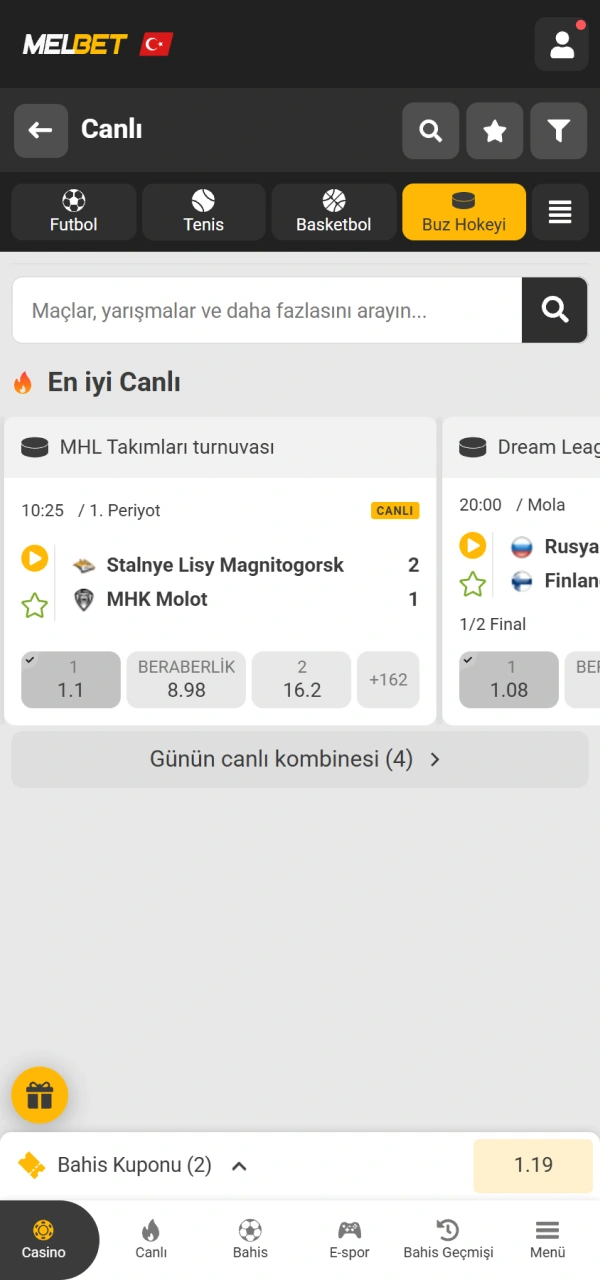 Karşılaşma için en uygun pazarı seçip Melbet buz hokeyi bahisi kuponunuzu hazırlayın.