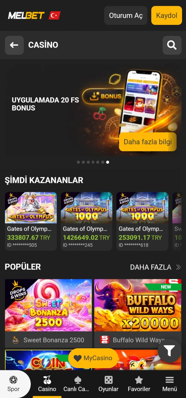 Renkli slot oyunlarını açmak üzere Melbet iOS arayüz lobisini görüntüleyin.
