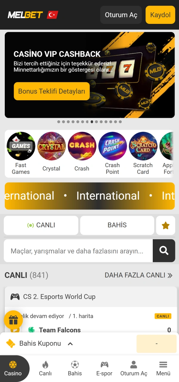 Ana gezinti menüsünü görmek için Melbet iOS arayüz ekranını açın.