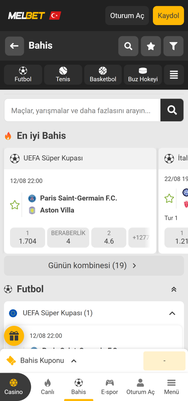 Geniş maç bültenini incelemek için Melbet iOS arayüz ekranını açın.