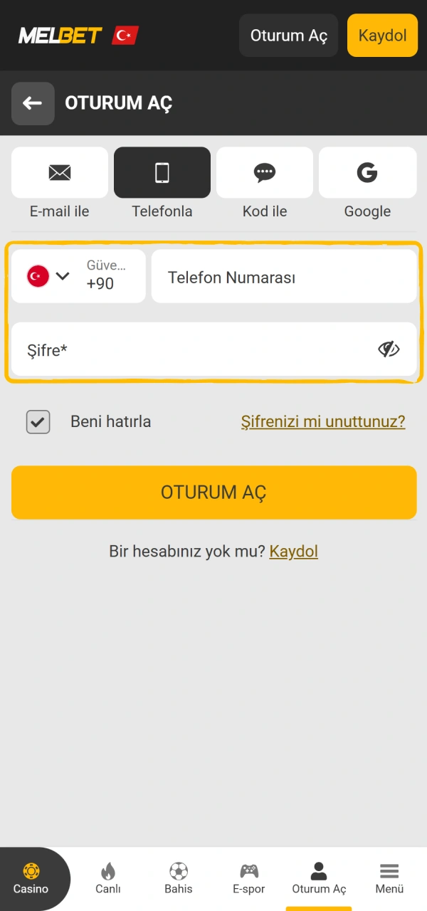Kayıtlı e-posta ve şifrenizi yazın Melbet Kayıt giriş ekranı üzerinde.