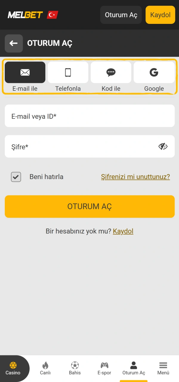 Kullanıcı kimlik doğrulama kanalınızı belirleyin Melbet Kayıt paneli üzerinden.