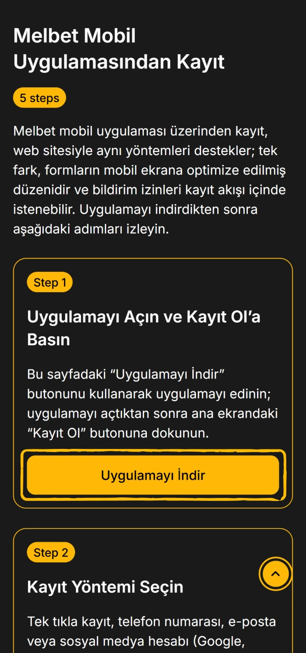 Üyelik penceresini başlatmak için Melbet Kayıt mobil uygulamasını açın.