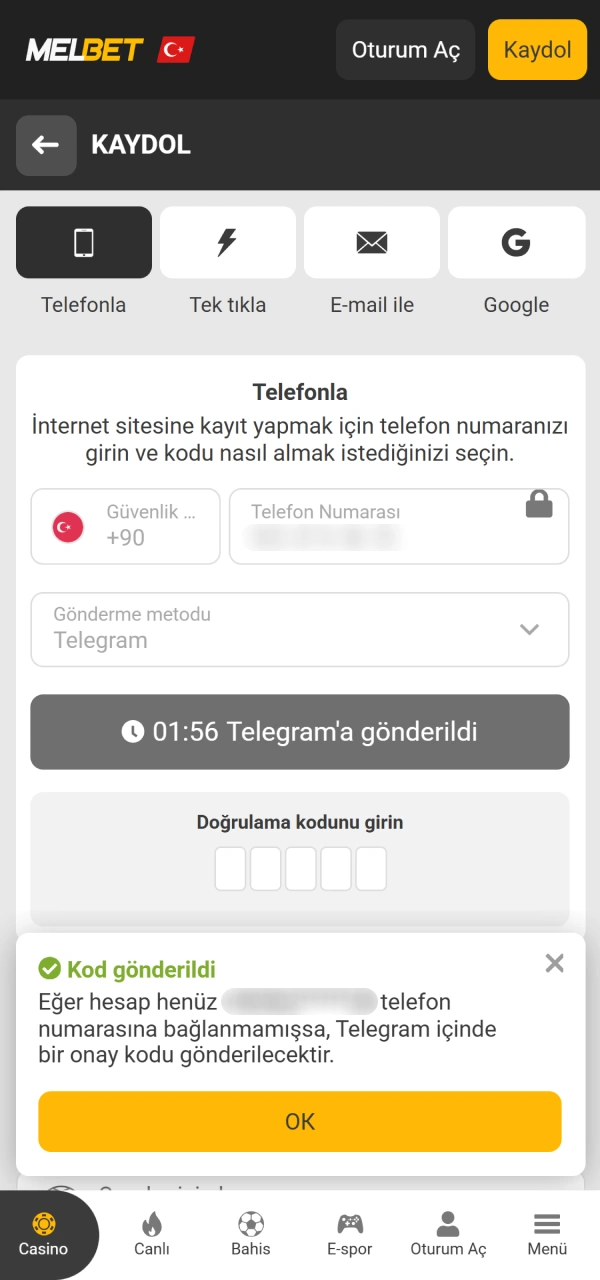 Onay şifresini yazarak hesabınızı aktifleştirin Melbet Kayıt uygulaması içinden.