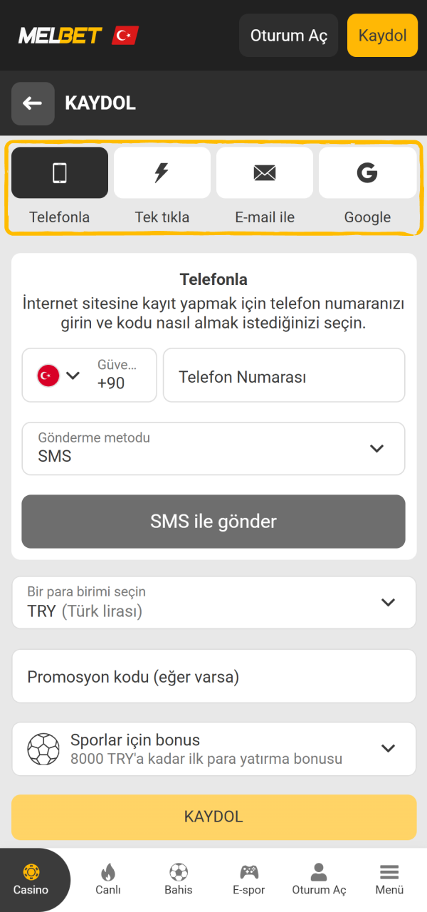 Tercih ettiğiniz hesap açma kanalını belirleyin Melbet Kayıt mobil uygulamasında.