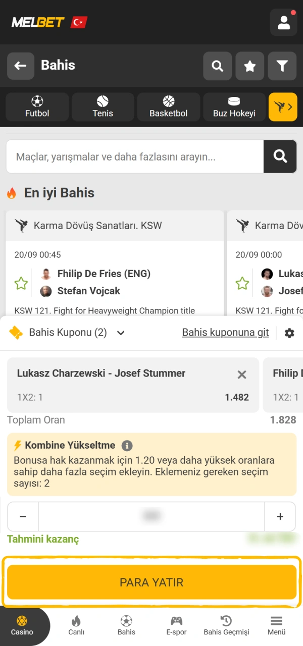 Seçimlerinizi kontrol edin ve Melbet MMA bahisi kuponunuzu hızlıca onaylayın.
