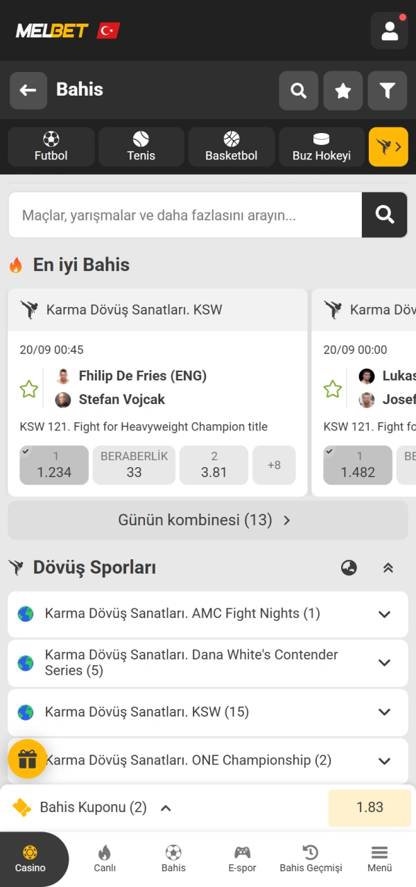 Dövüş bülteninden dilediğiniz etkinliği seçerek Melbet MMA bahisi yapın.