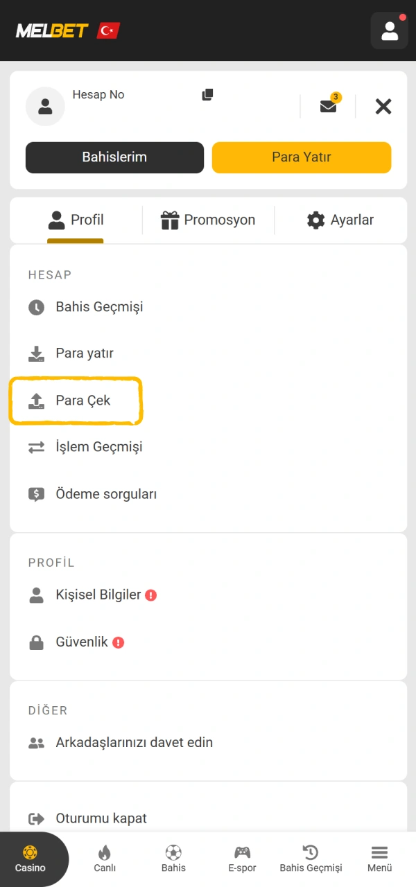 Melbet para çekme adımlarına geçmek için kasa ekranını açın.