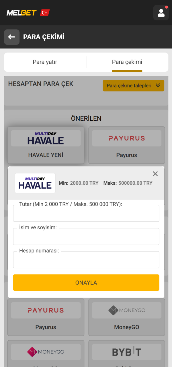 Çekim miktarını ve bilgilerinizi girerek Melbet para çekme formunu doldurun.