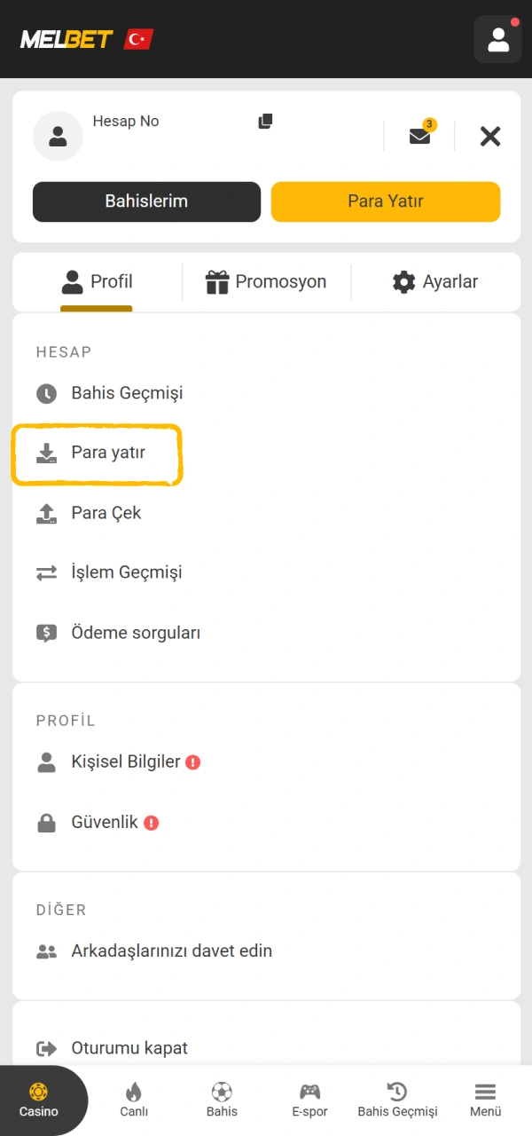 Hesabım ekranına geçiş yaparak Melbet para yatırma işlemlerini yönlendirin.