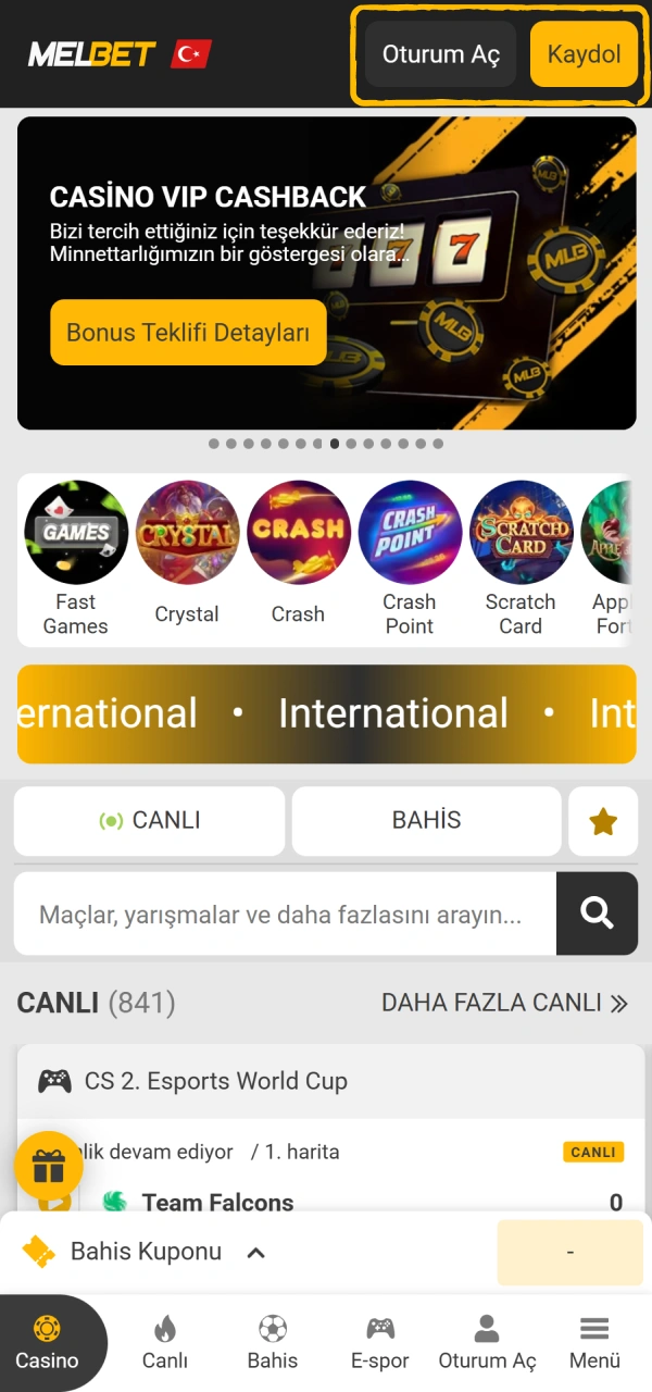 Melbet para yatırma adımlarını başlatmak için hesabınıza giriş yapın veya kayıt olun.