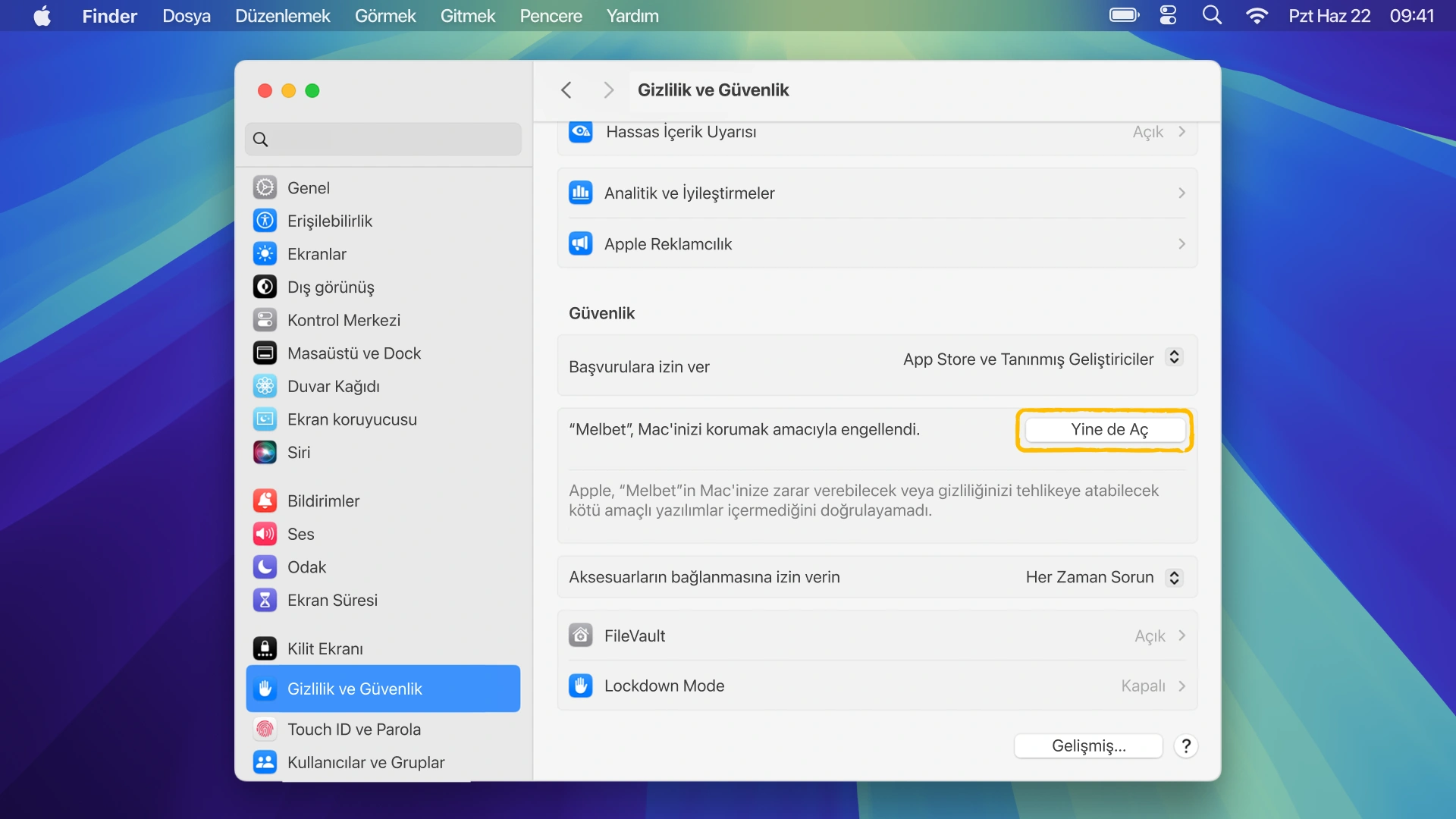 Güvenlik onayını doğrulayın macOS Melbet macOS PC İstemcisi yükleme sürecinde.