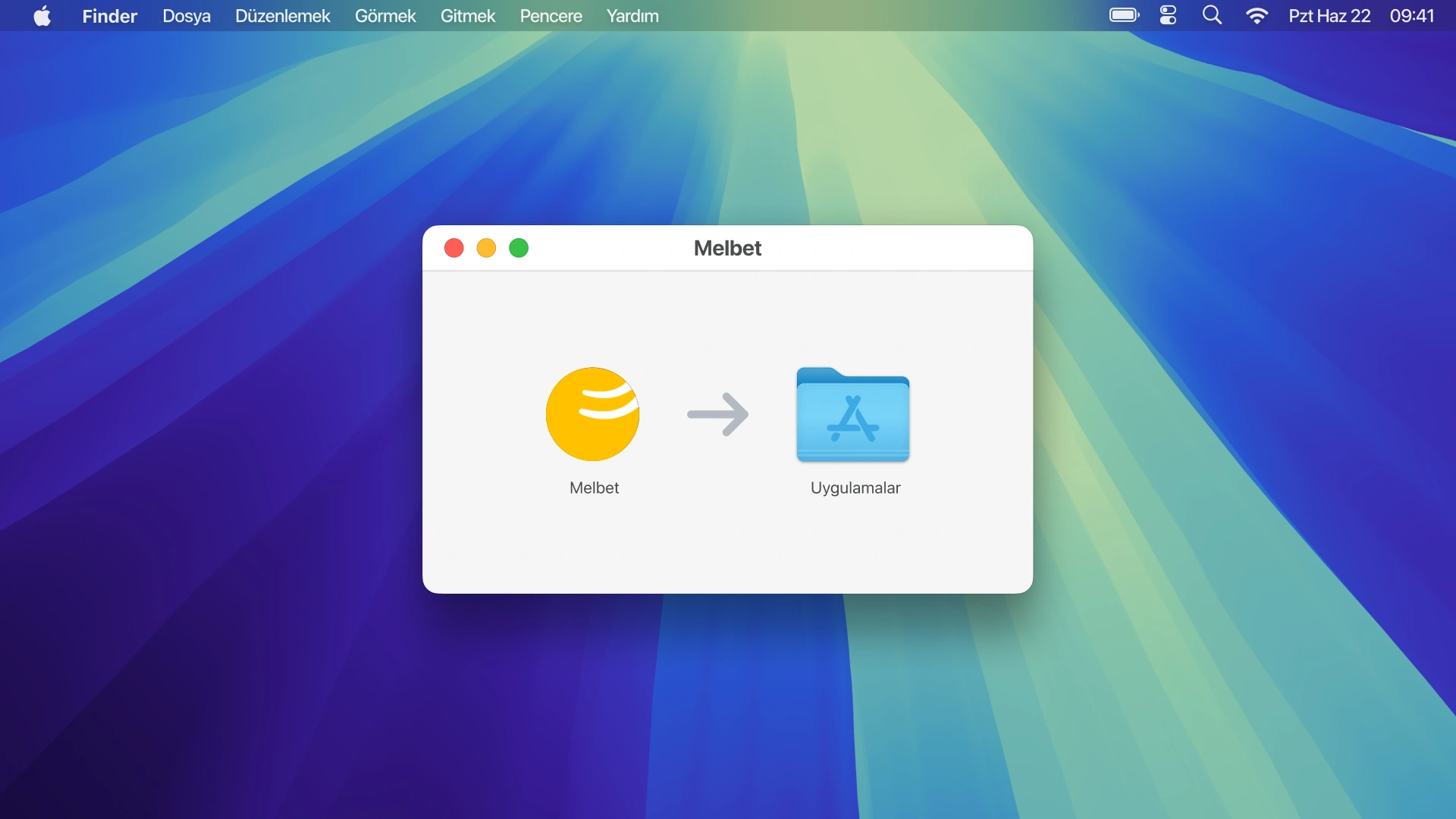 Yazılımı Uygulamalar klasörüne sürükleyin Melbet macOS PC İstemcisi kurulumu yaparken.
