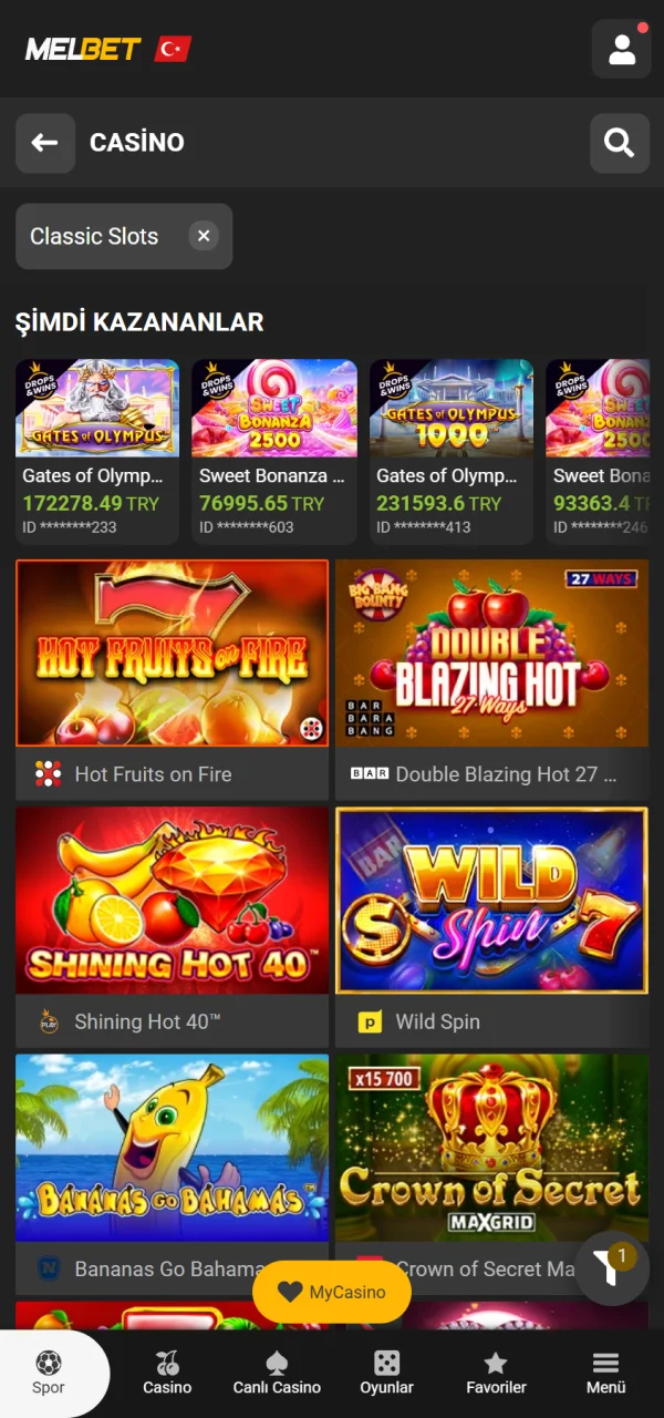 Şansınızı denemek için beğendiğiniz Melbet slot oyunlarına tıklayıp başlatın.