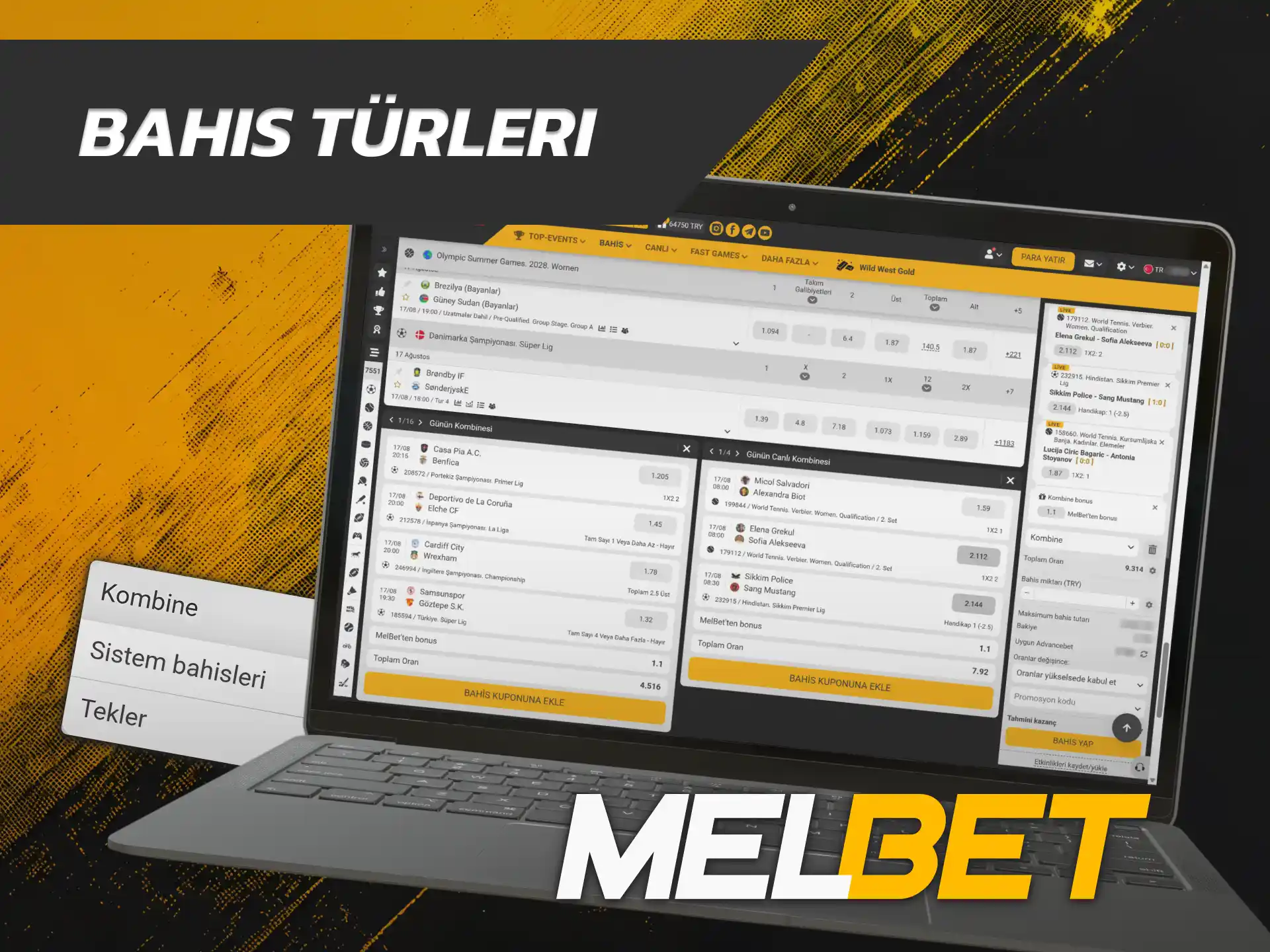 Farklı kupon bilet türlerini incelemek için Melbet Spor sayfasını açın.