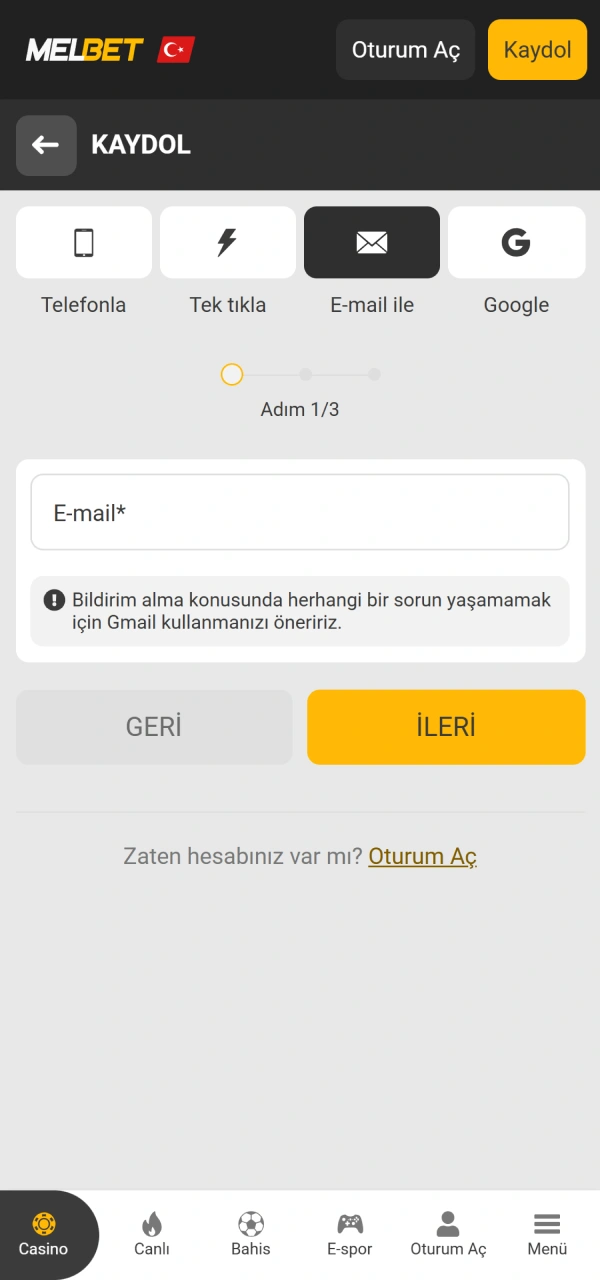 Doğru verilerinizi üyelik formuna yazın Melbet Spor hesabı açarken.