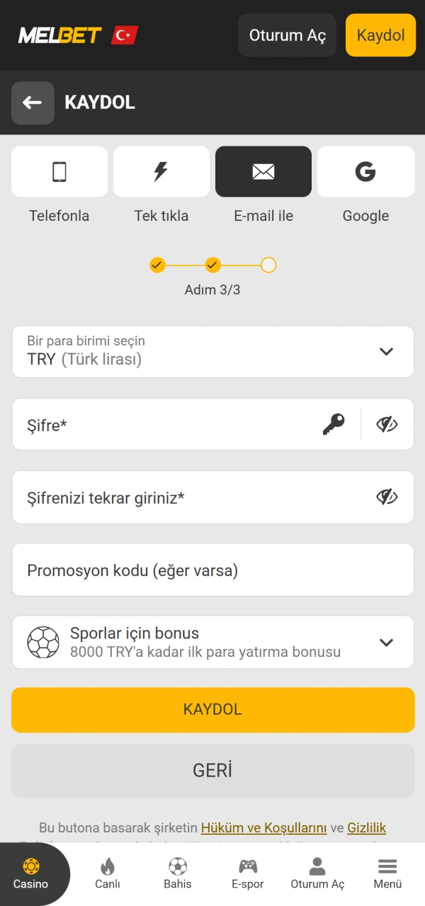Güvenli kullanıcı şifresi oluşturun Melbet Spor profilinizi korumak için.