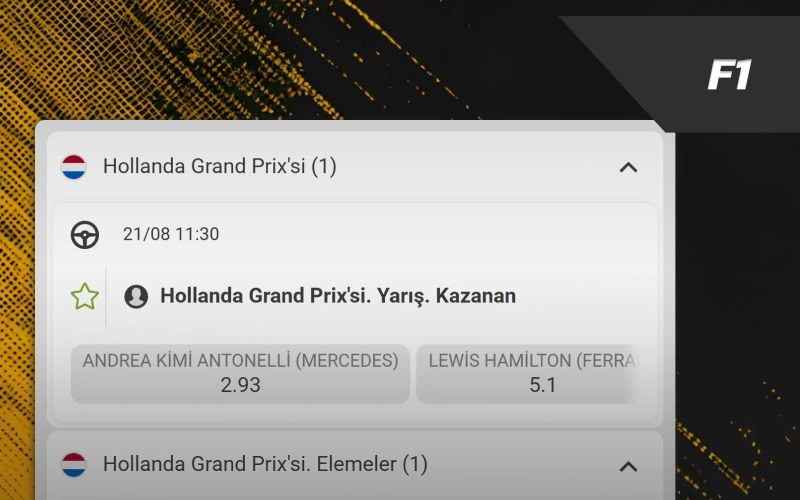 Şampiyona yarış kazananlarını tahmin edin F1 branşında Melbet Spor.