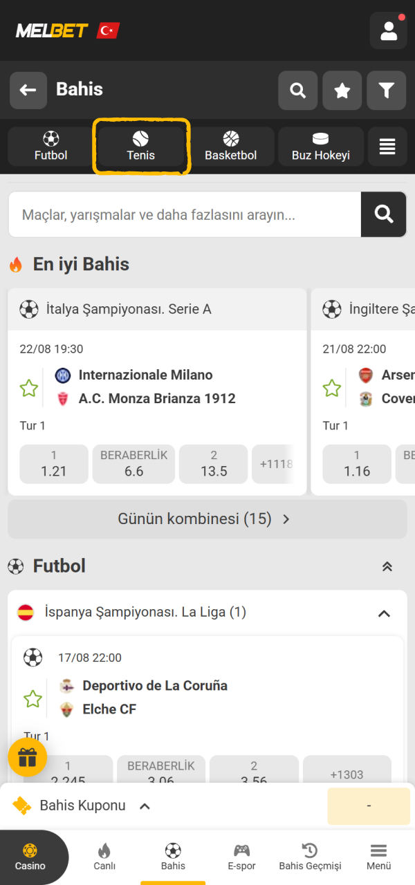 Spor menüsünden Melbet tenis seçeneğini kolayca bulun.