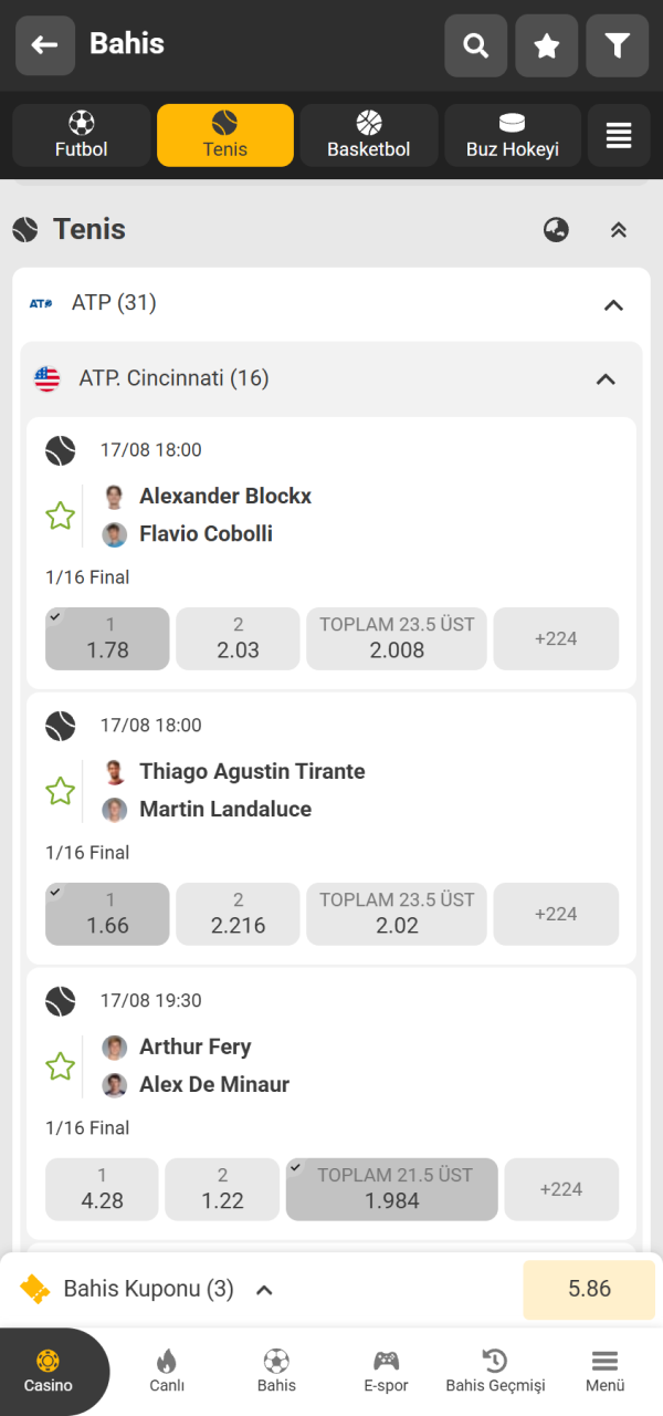 Melbet ile favori tenis maçınızı seçip kuponunuzu oluşturun.