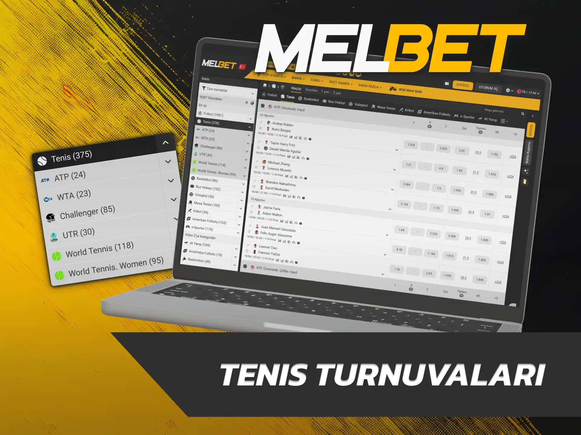 Grand Slam şampiyona karşılaşmalarına kupon yapmak için Melbet Tenis sayfasını açın.