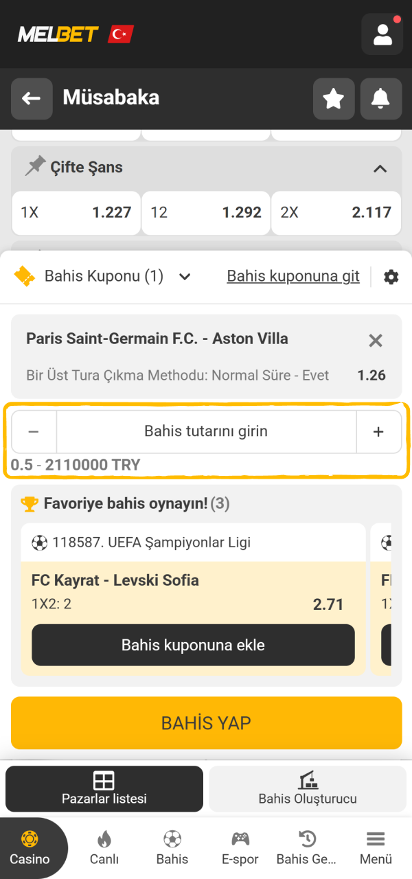 Oynamak istediğiniz tutarı kutucuğa yazın Melbet Uygulama kuponu üzerinde.