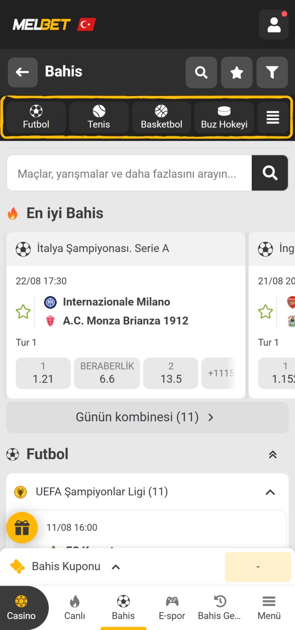 Hedeflediğiniz spor dalını belirleyin bülten içindeki Melbet Uygulama ekranından.