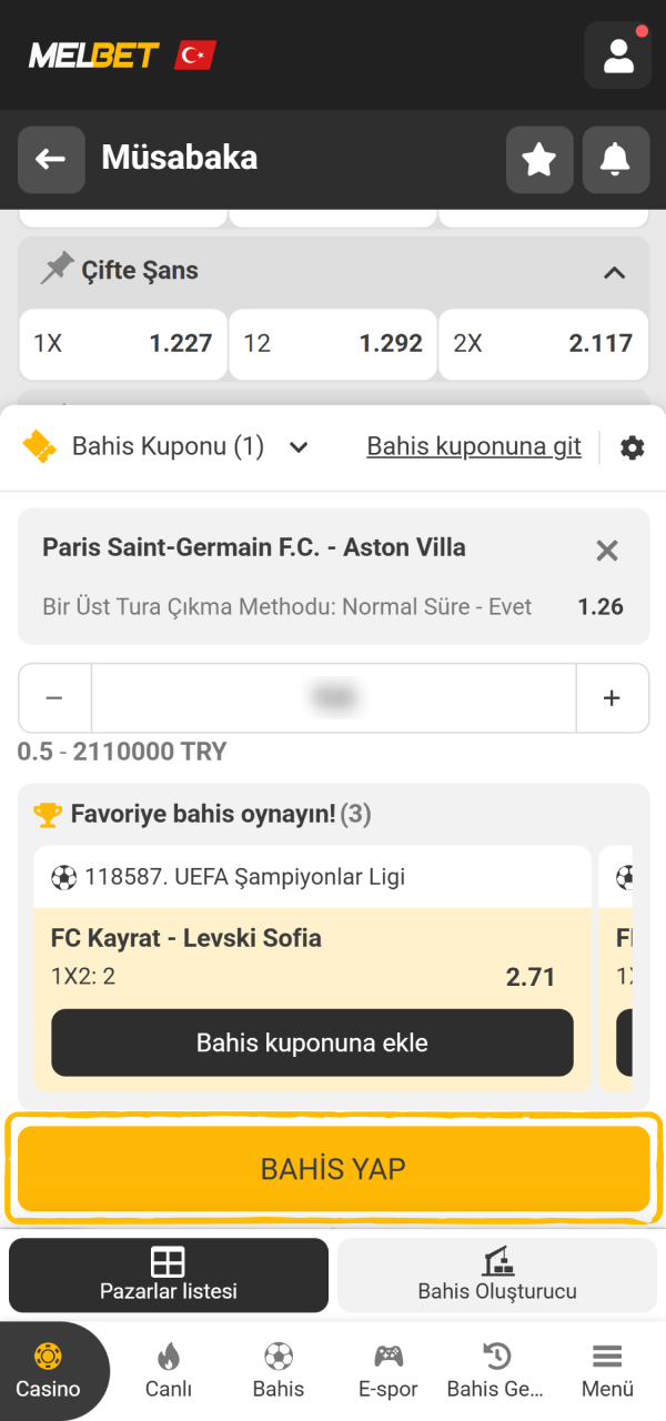 Kupon biletinizi başarıyla onaylayıp tamamlayın Melbet Uygulama ekranı üzerinden.