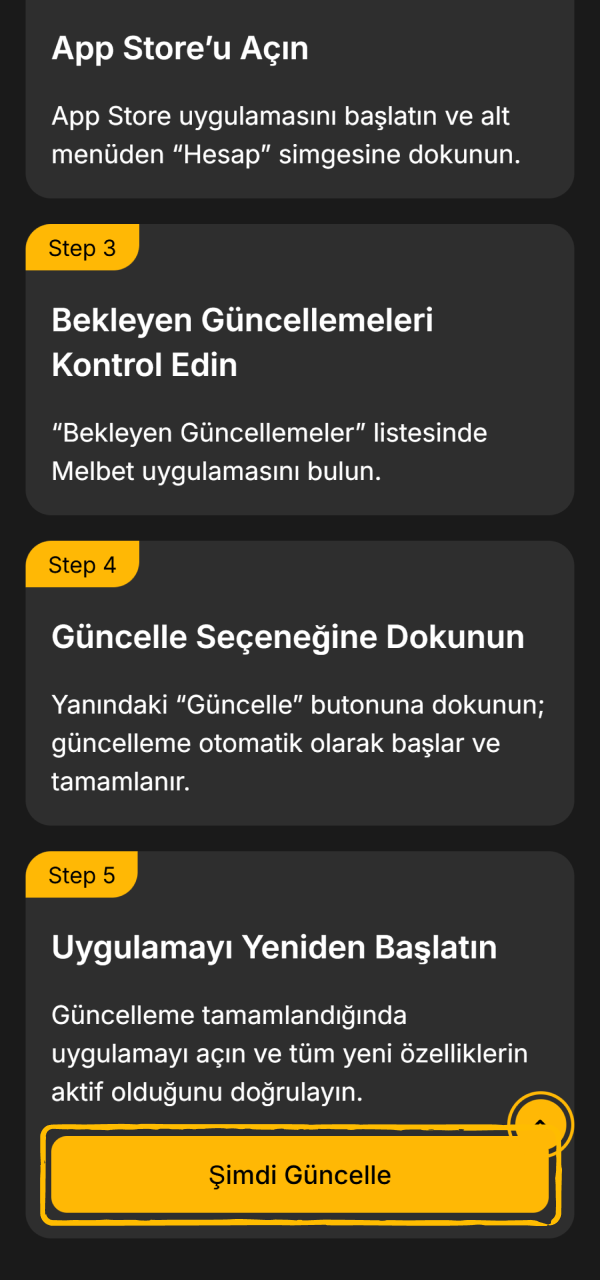 Yenileme sürecini başlatmak adına resmi Melbet iOS Uygulama sayfasını açın.