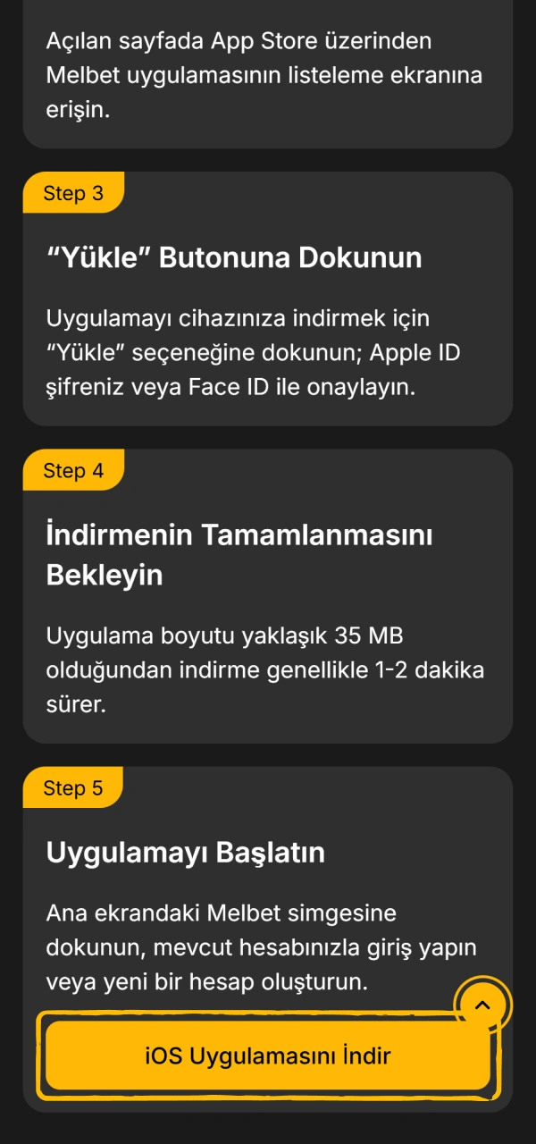 Kurulum bağlantısını bulmak için resmi Melbet iOS Uygulama sayfasını açın.