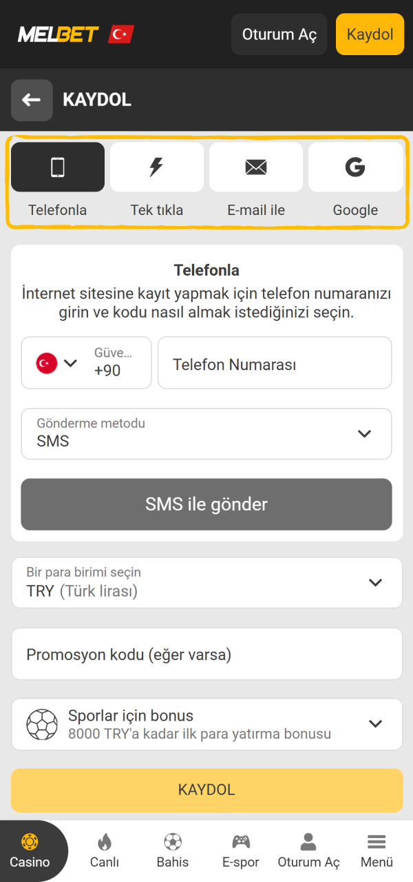 Üyelik formunu ekranınızda açın Melbet Uygulama üzerinden kaydolurken.