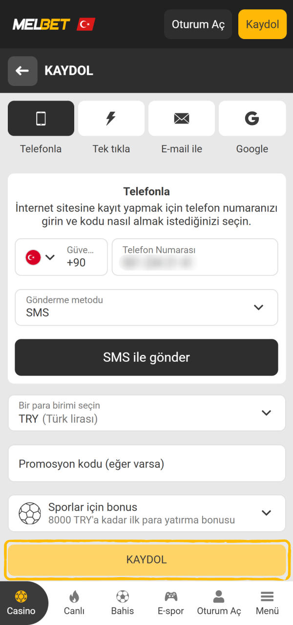 Aktivasyon kodunu onay kutusuna yazın Melbet Uygulama profilinizi doğrulamak için.