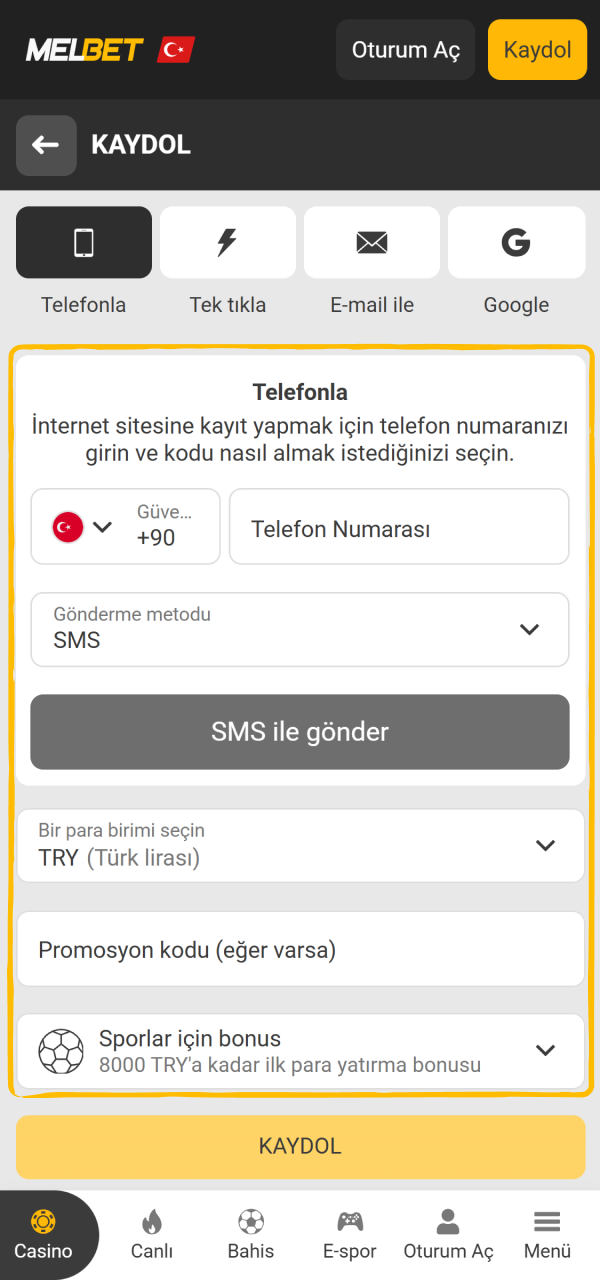 Doğru verilerinizi form alanına yazın Melbet Uygulama profilinizi oluştururken.
